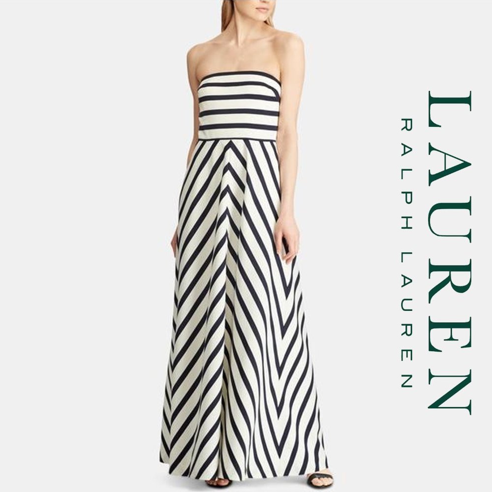 LAUREN RALPH LAUREN Striped Strapless Maxi Empire Waist Gown (Ivory/Navy)